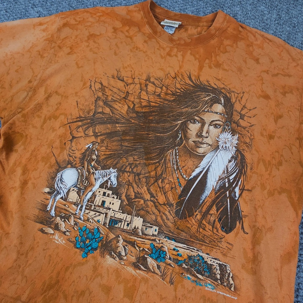 Vintage Ragtops Sportswear Native American Graphic T-Shirt Orange Tie Dye Mens L